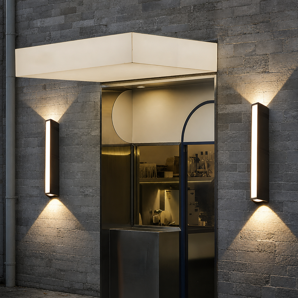 Two slim rectangular wall lights illuminate a gray brick storefront entrance.