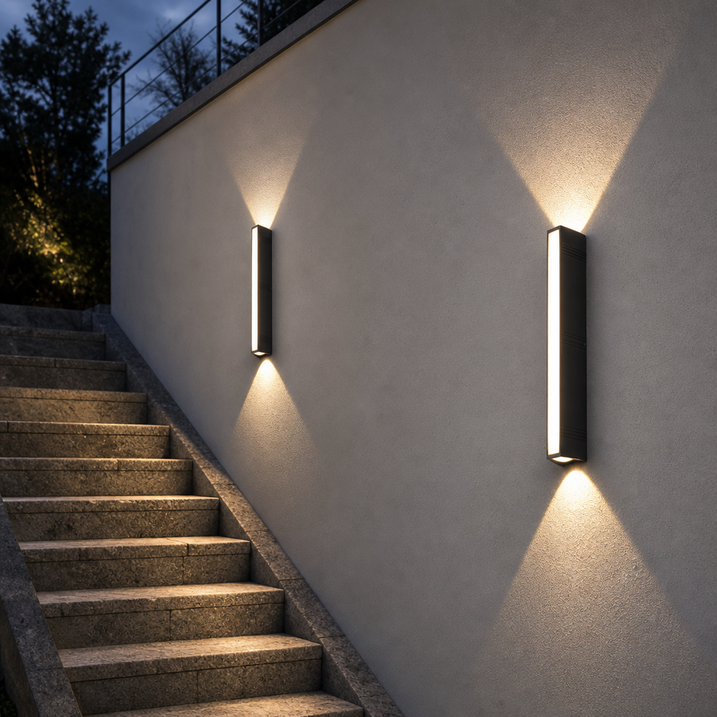 Two black vertical outdoor wall lights glow warmly beside stone stairs.