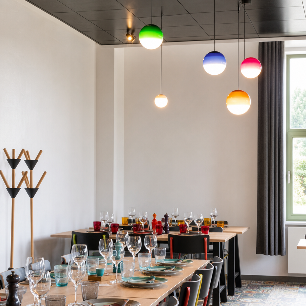 Colorful spherical pendant lights hang above a long dining table set with glassware and plates.