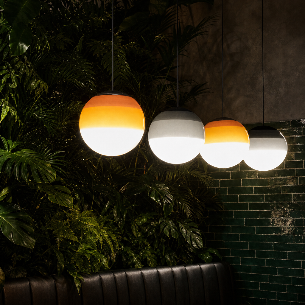Four glowing spherical pendant lights with orange and white bands hang above lush indoor plants.