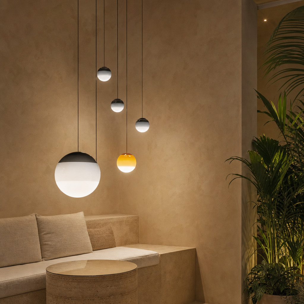 Five globe pendant lights hang over a beige lounge corner with plants nearby.