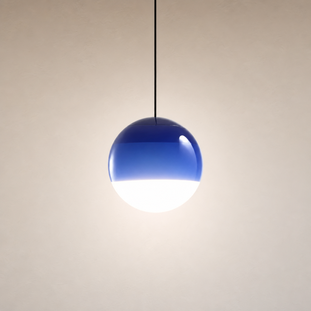 Blue-and-white spherical pendant light hanging from a black cord