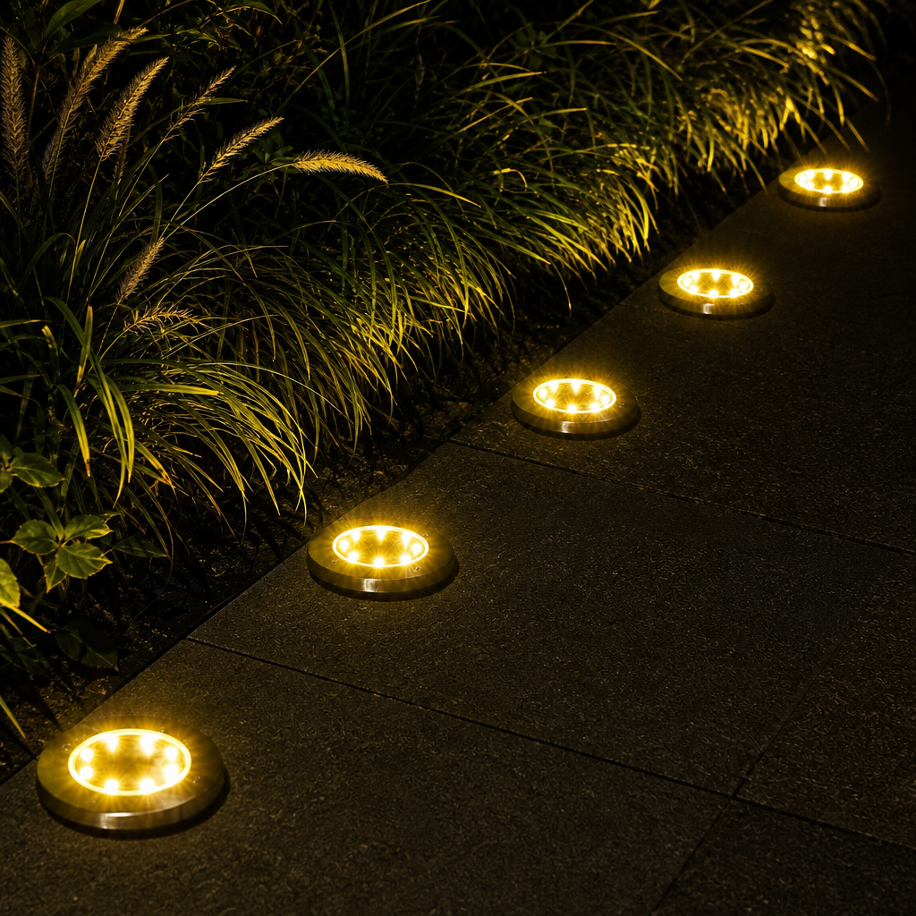 Warm round ground lights illuminate a dark garden path beside ornamental grass.