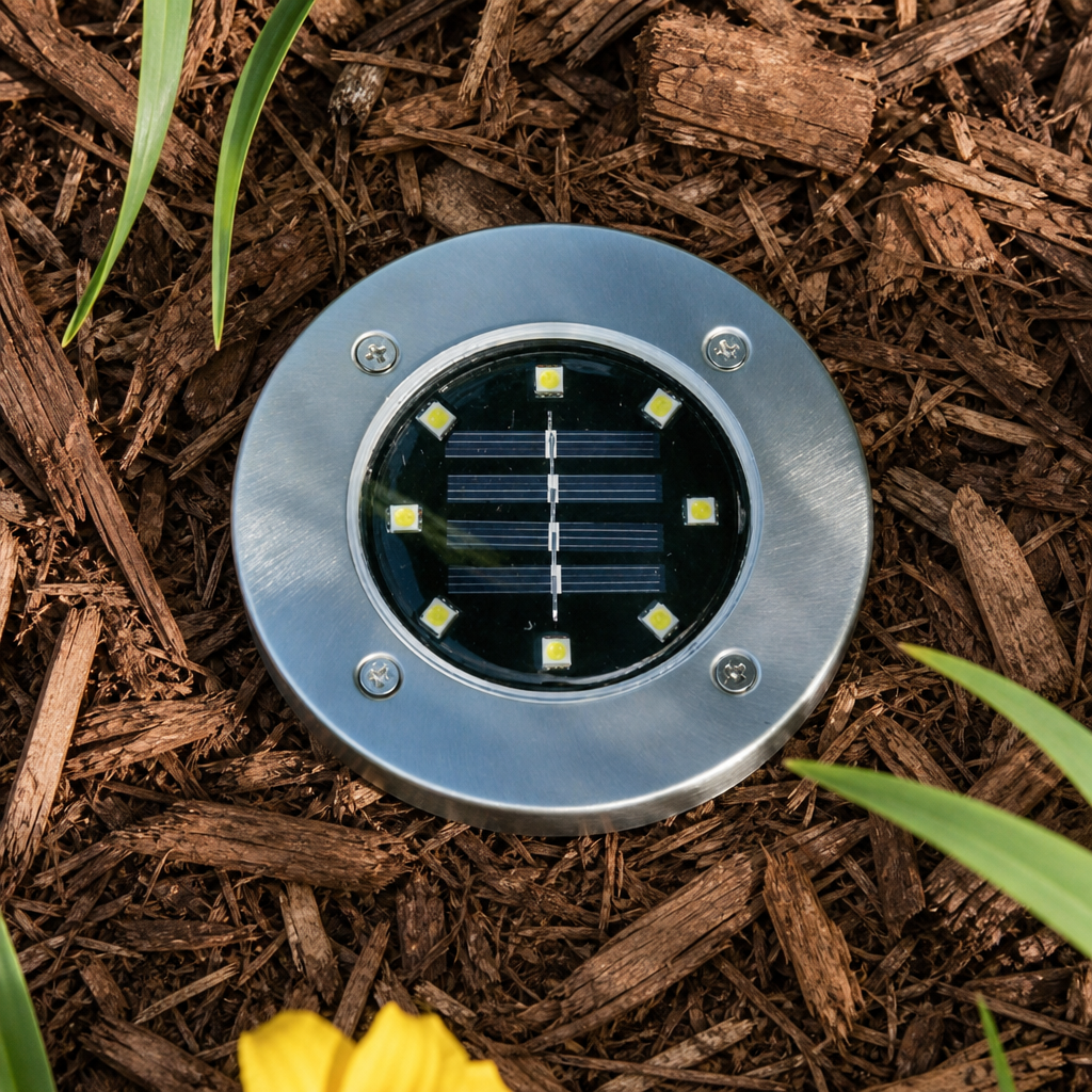 Round stainless steel solar garden light set into brown mulch with green leaves nearby.