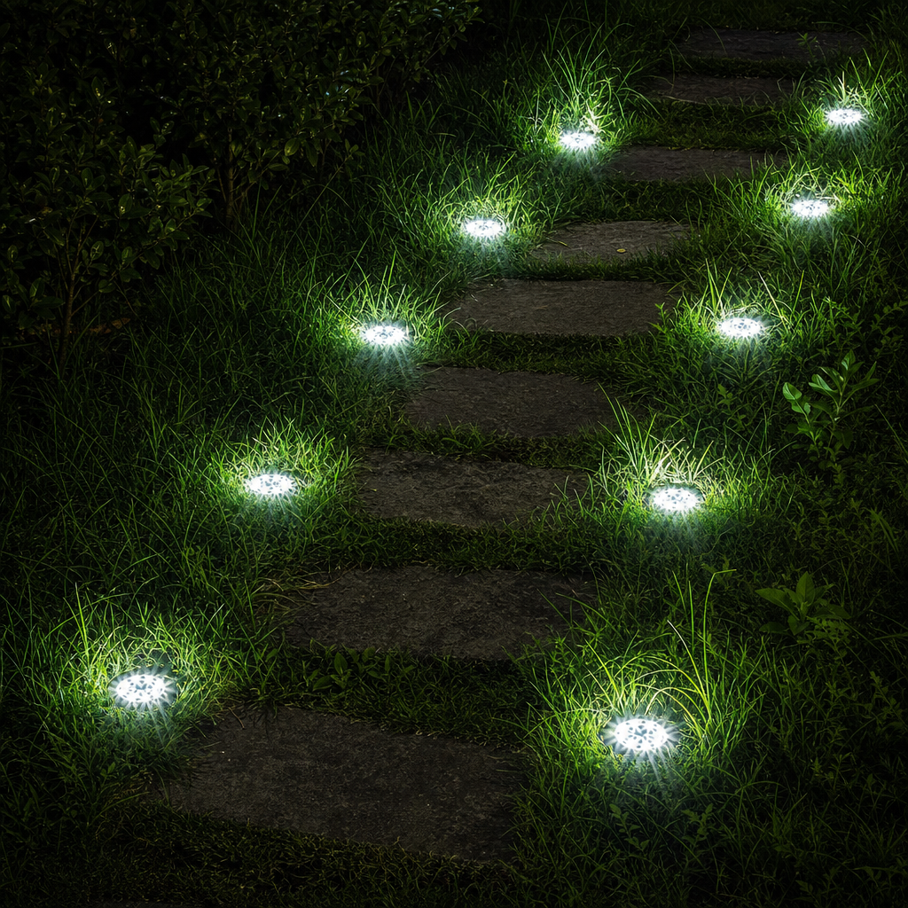 Round solar path lights illuminate grass beside dark stone garden steps.