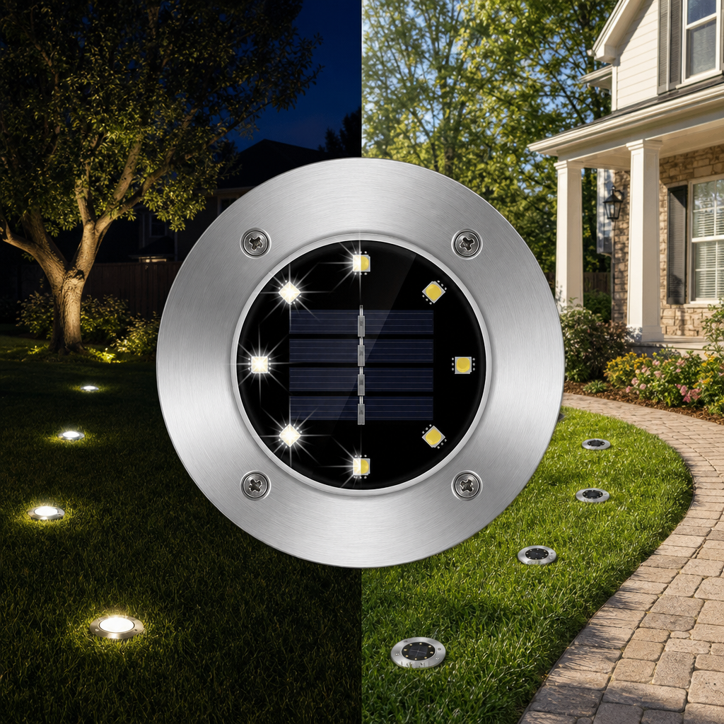 Round stainless steel solar ground light with LED bulbs and a central solar panel in a split day-night garden scene.