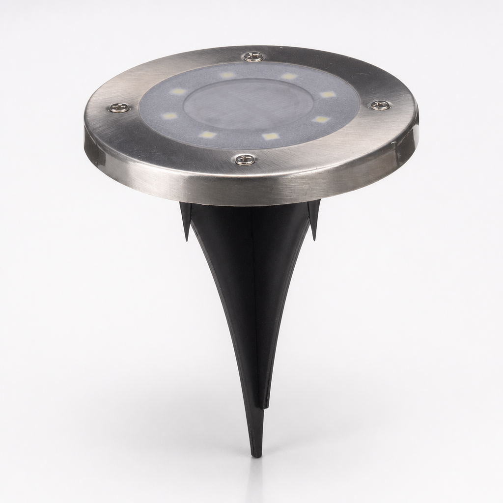 Stainless steel round LED garden spike light with a black tapered ground stake.