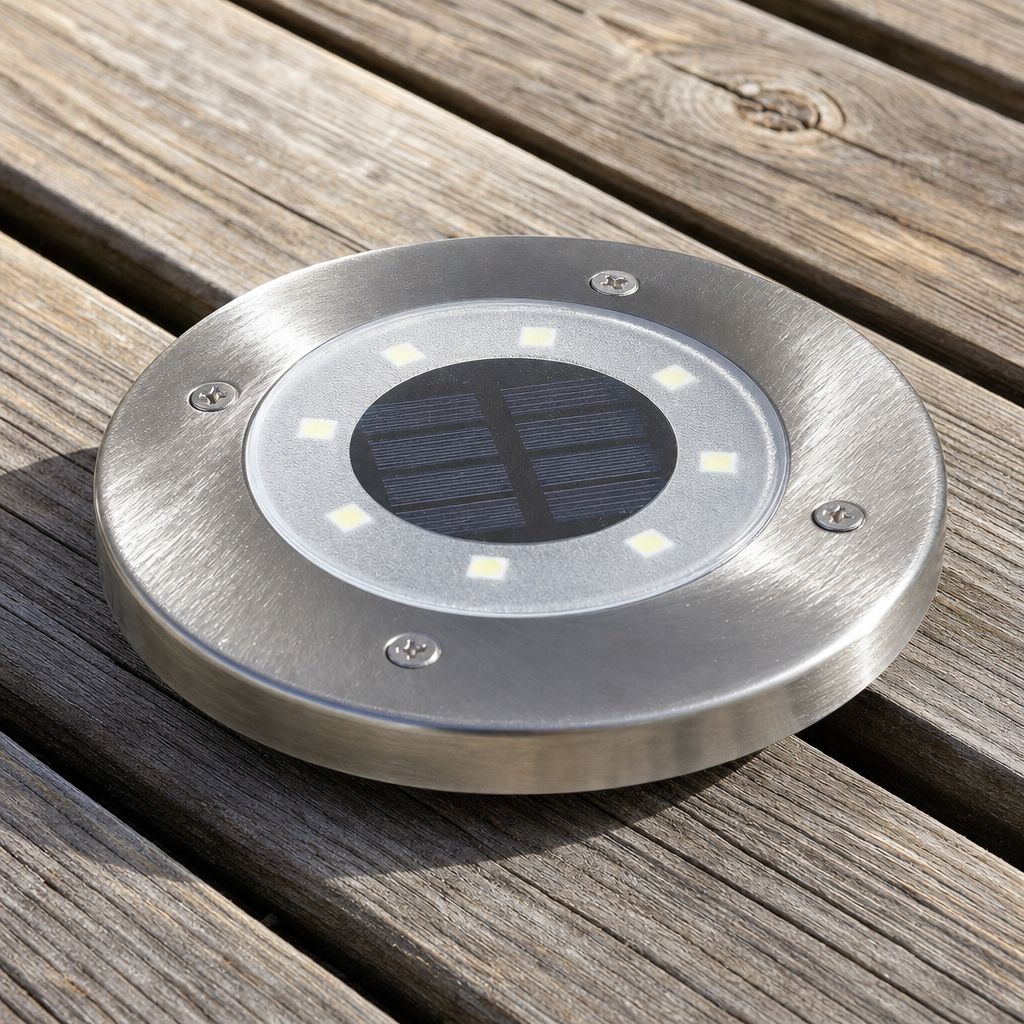 Round stainless steel solar deck light with LEDs and central panel on wooden planks.