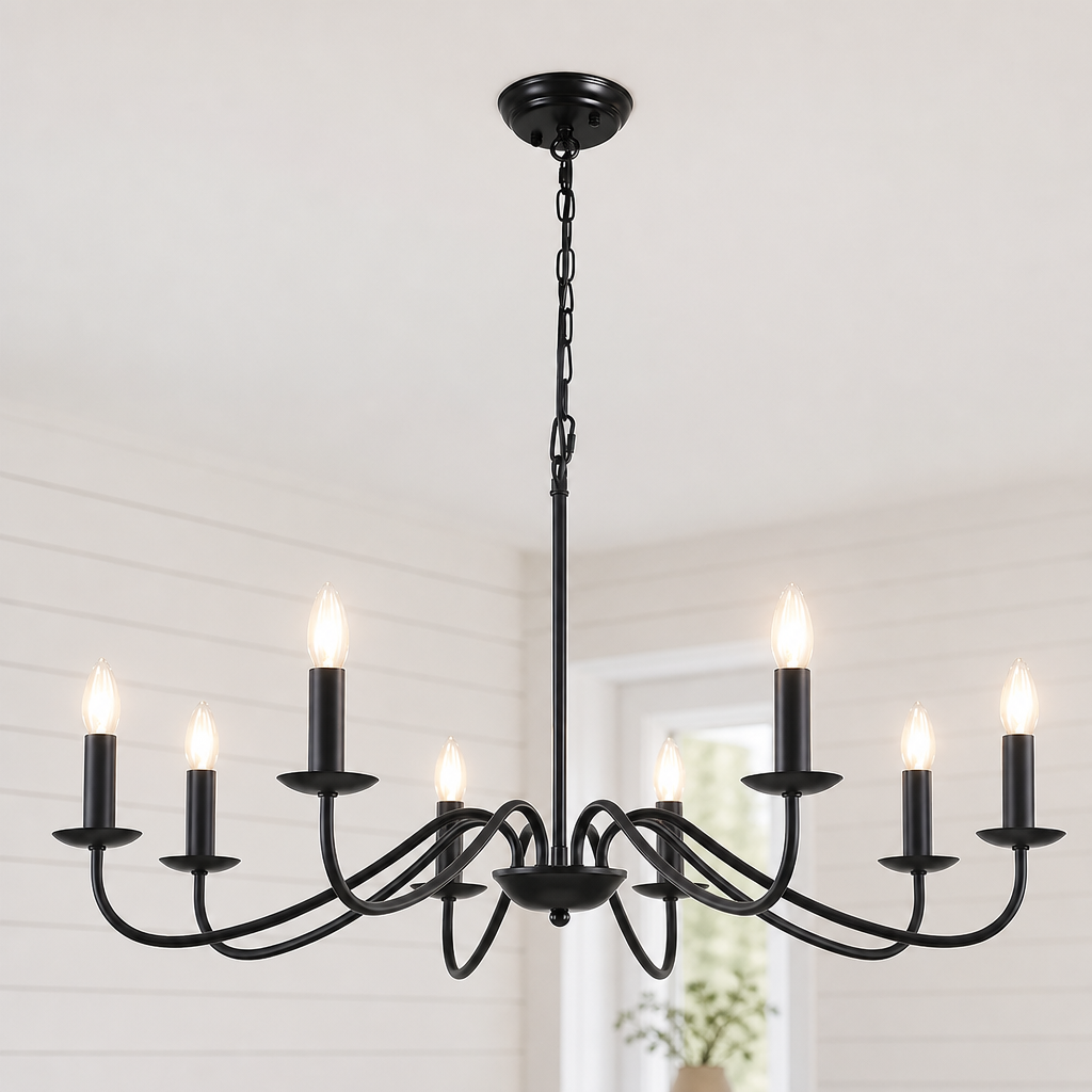 Black six-light candle chandelier with glowing bulbs hanging from a chain in a bright room.