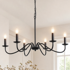 Black six-light chandelier with candle-style bulbs hanging above a bright room.