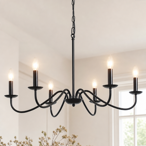 Black six-light chandelier with candle-style bulbs hanging above a bright room.