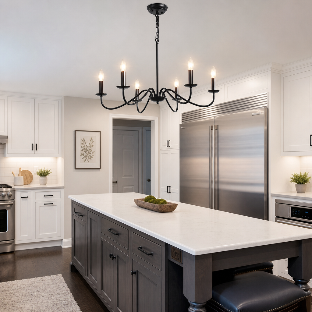 Black six-light candle chandelier hanging above a white kitchen island.