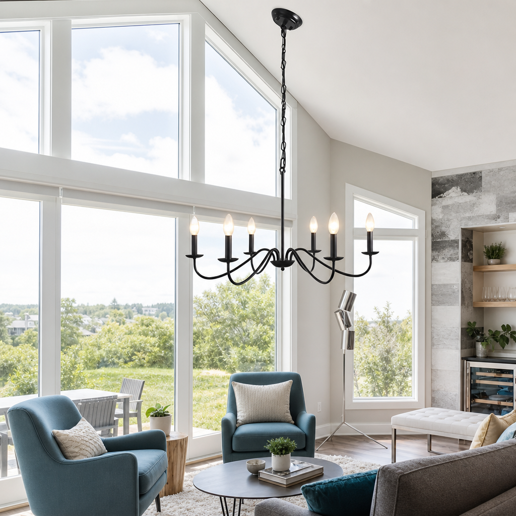 Black six-light candle chandelier hanging in a bright modern living room.