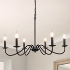 Black six-light chandelier with curved arms and candle bulbs hanging from a chain.