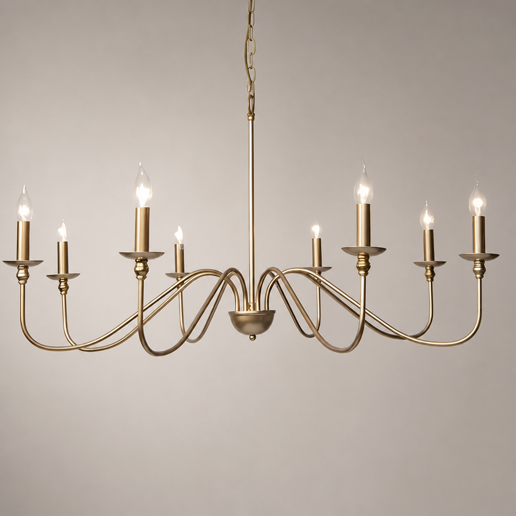 Brass chandelier with eight candle-style lights and curved arms on a pale gray background.