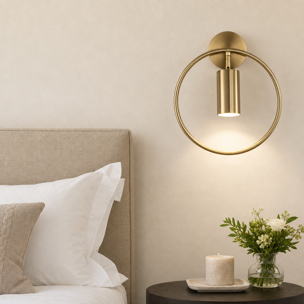 Gold circular wall sconce with a cylindrical downlight above a bedside table.