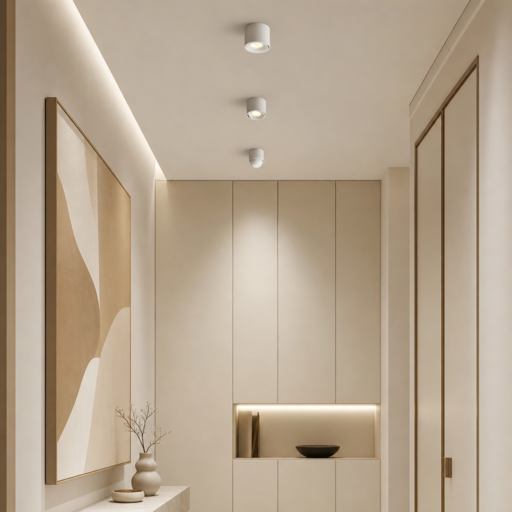 Minimalist room ceiling with three white cylindrical spotlight fixtures above beige wall panels.