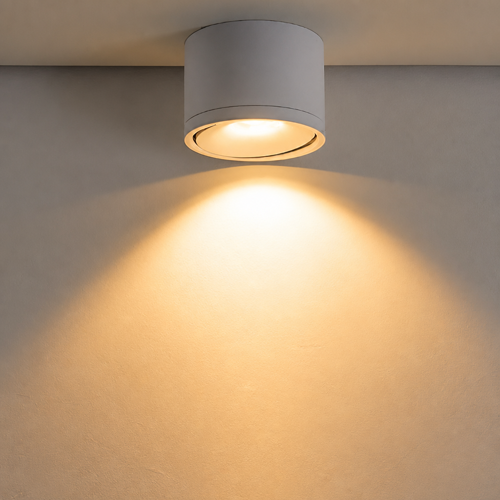 White cylindrical ceiling spotlight casts warm light on a plain beige wall.