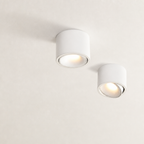 Two white cylindrical ceiling spotlights with warm recessed bulbs on a pale ceiling.