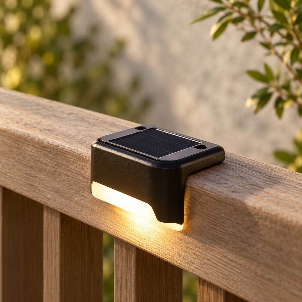 Close view of the solar panel and continuous lower light window on a fence rail.