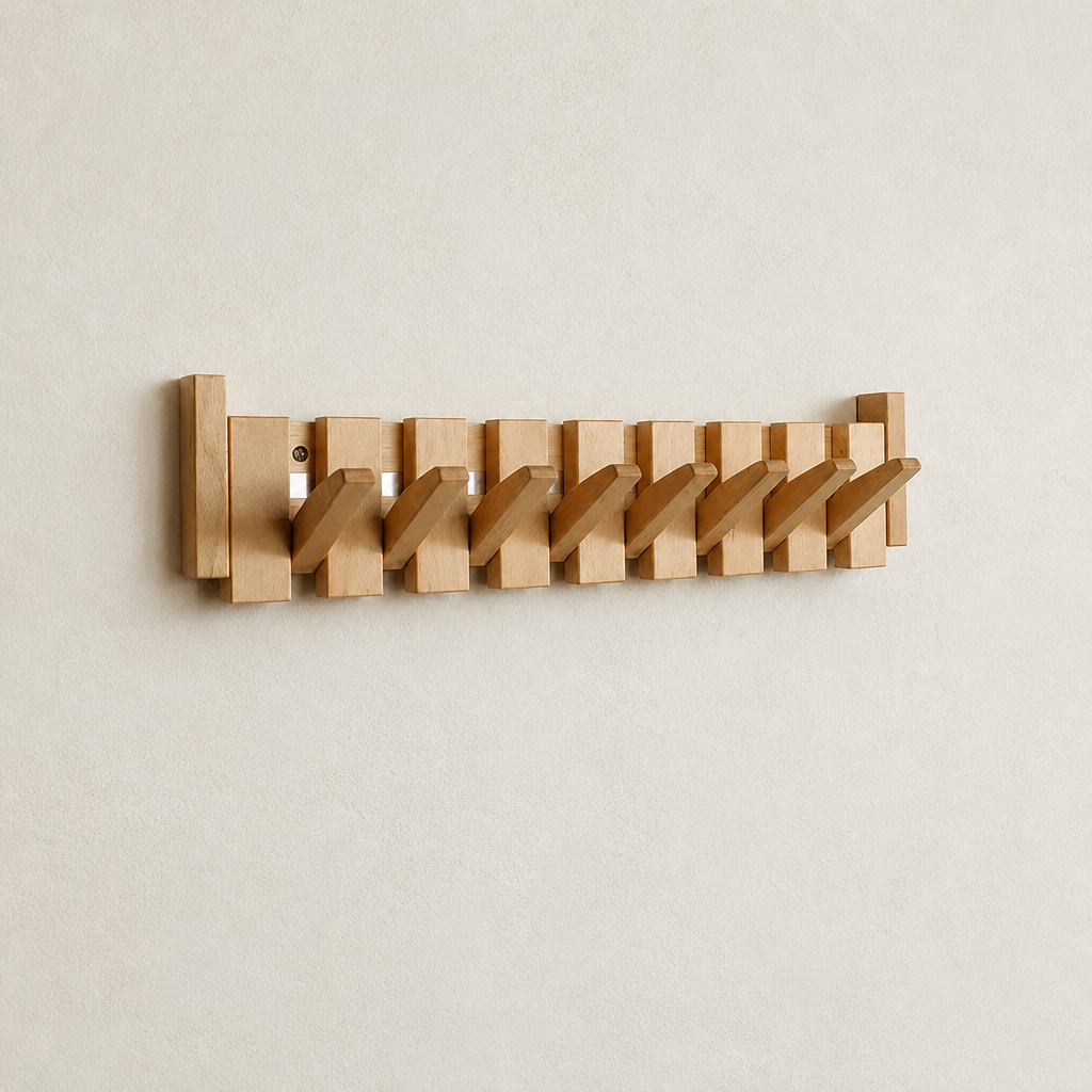 Wooden wall-mounted coat rack with angled pegs on a pale wall.