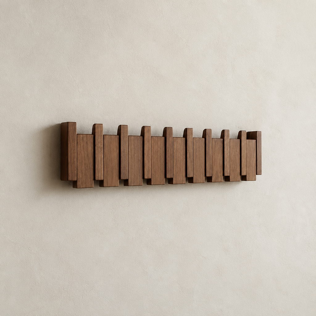 Wooden wall-mounted rack with staggered vertical slats on a plain cream wall.