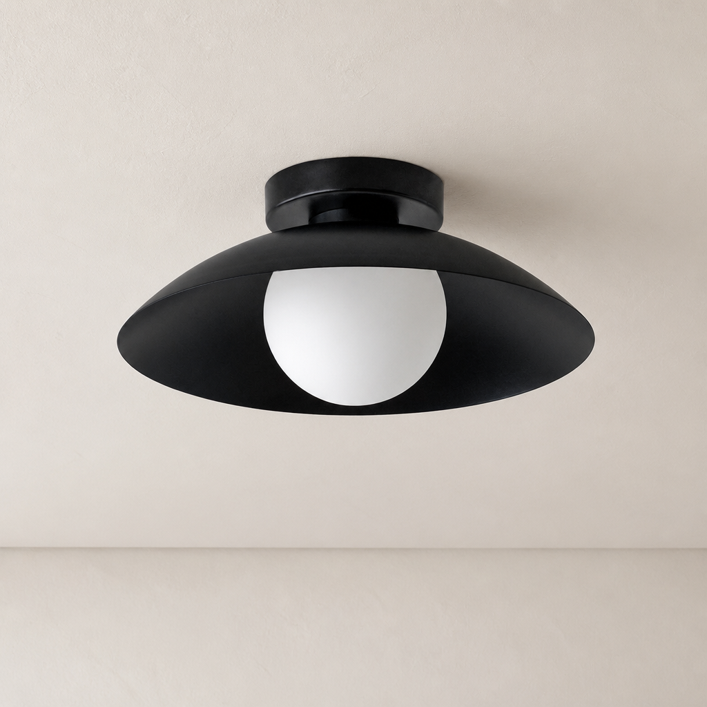 Black semi-flush ceiling light with a wide shade and white globe diffuser.