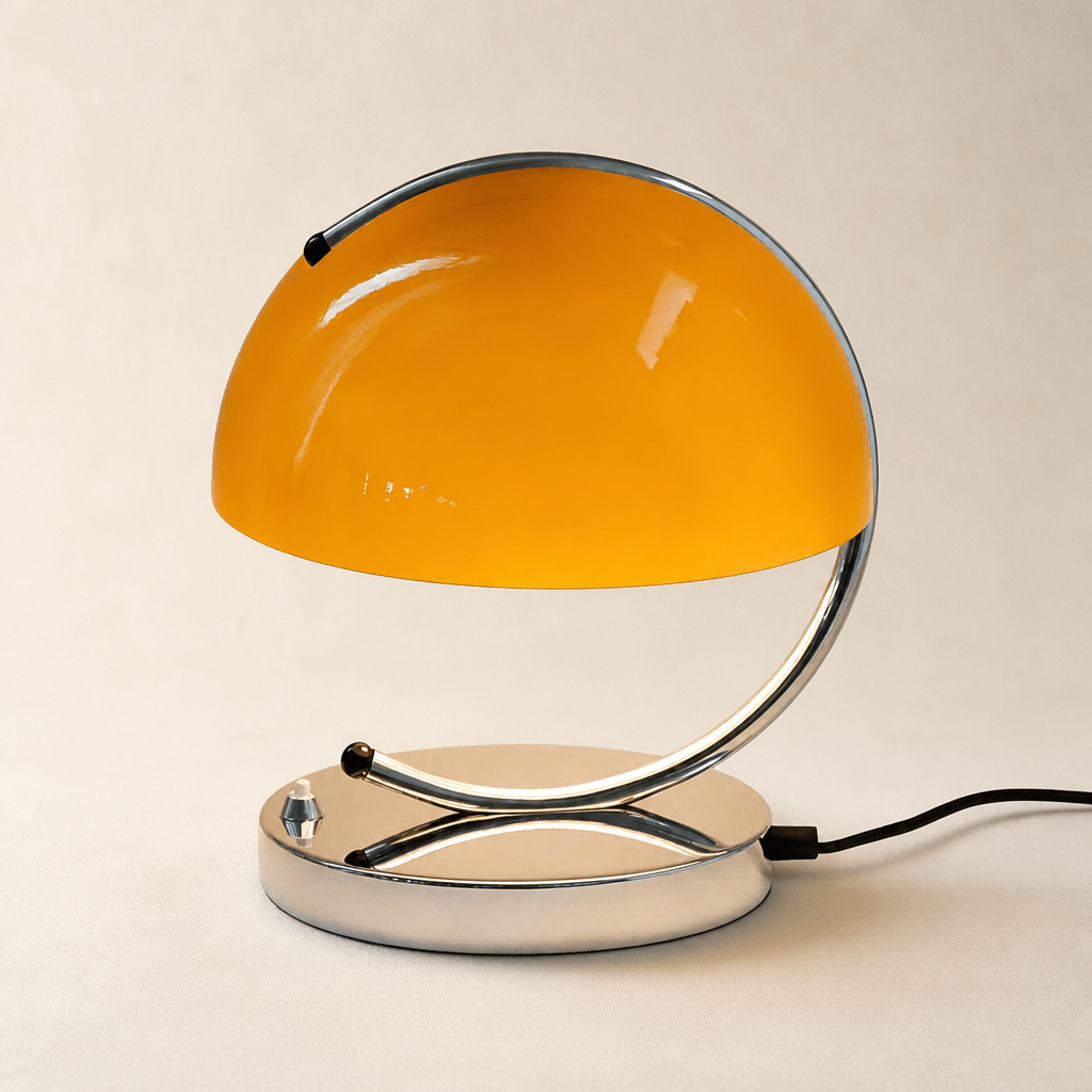 Orange dome table lamp with chrome curved arm, oval base, and black power cord.