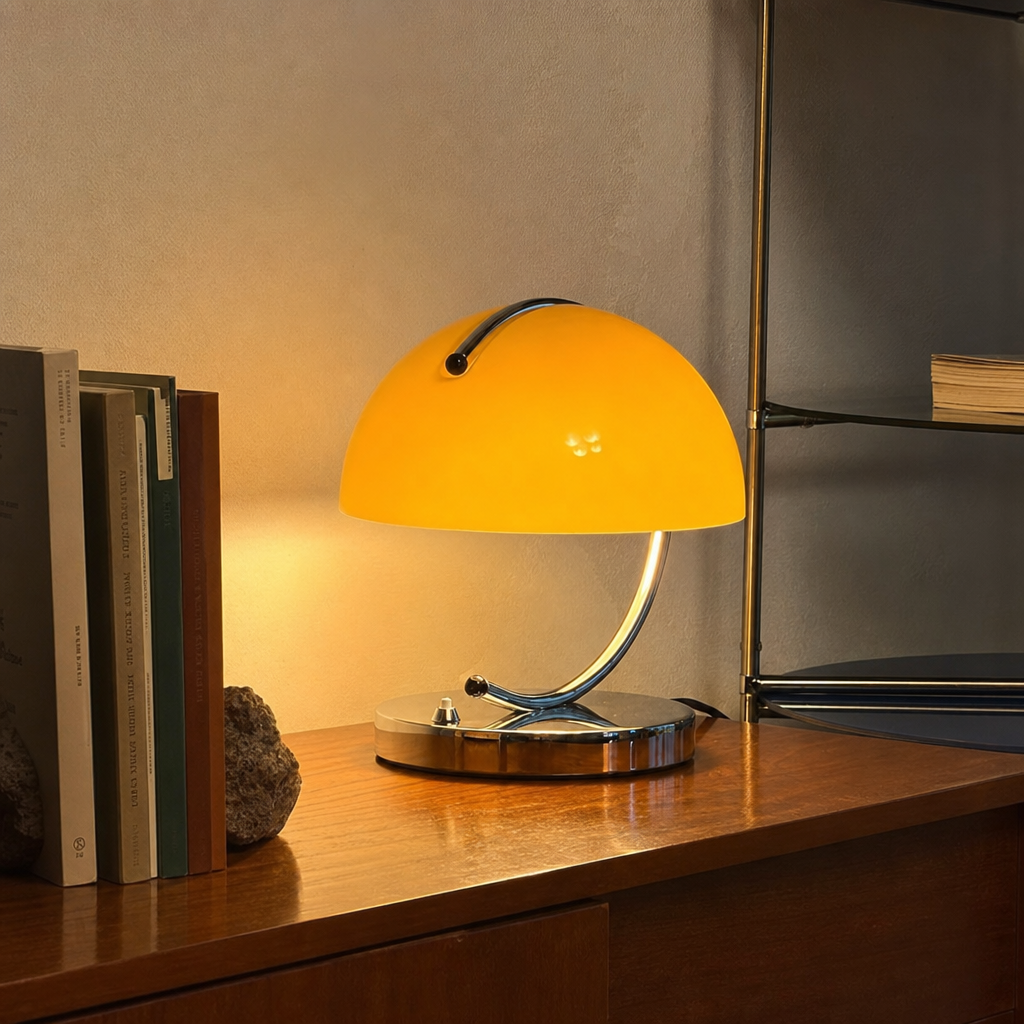 Yellow dome table lamp with chrome base glowing on a wooden shelf.