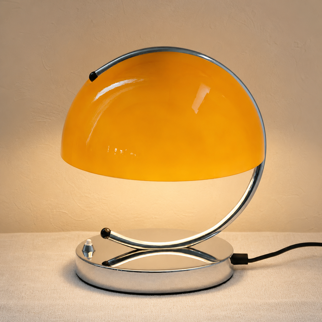 Glossy orange dome table lamp with chrome loop frame, oval base, and black power cord.