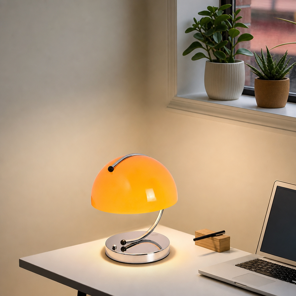 Glossy orange dome desk lamp with chrome curved stem glowing on a white desk.