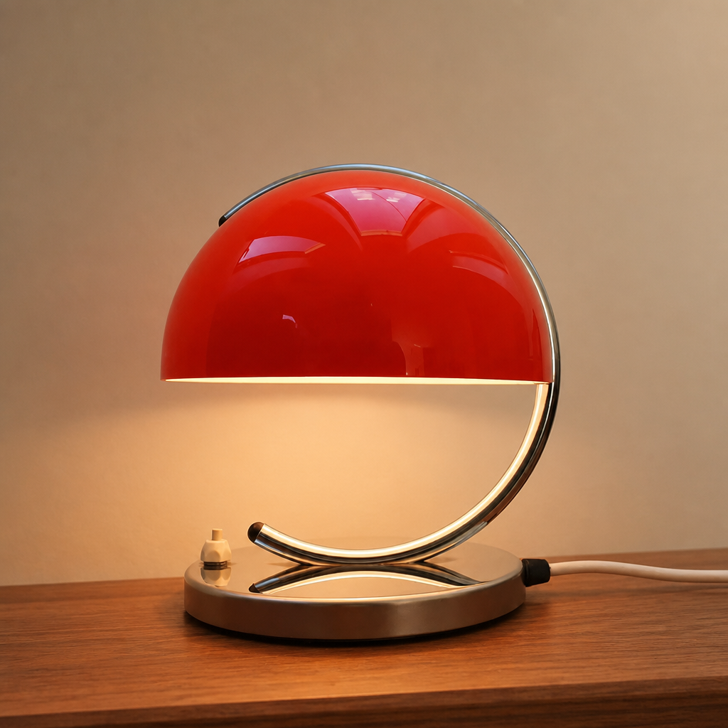 Red dome table lamp with a chrome ring frame glowing warmly on a wooden surface.
