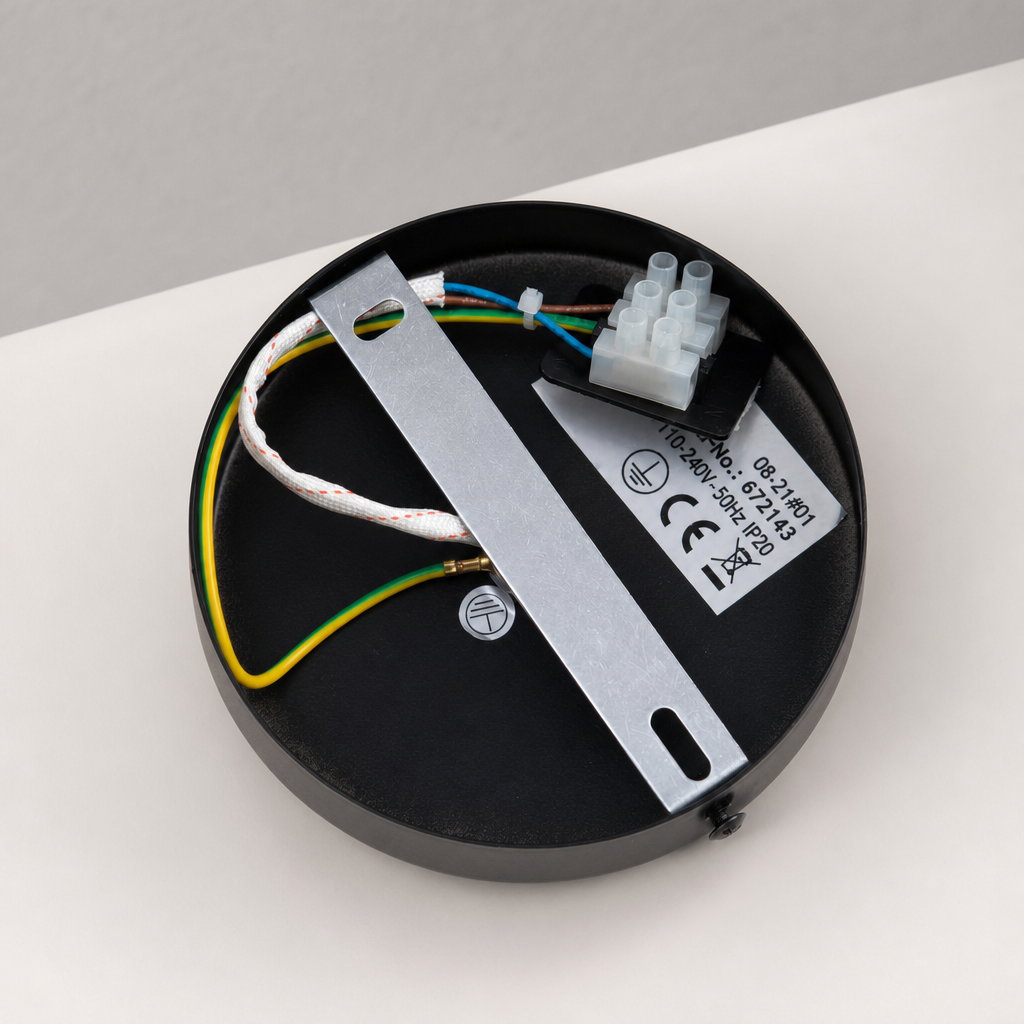 Black ceiling light mounting plate with exposed wiring, connector block, and metal bracket.