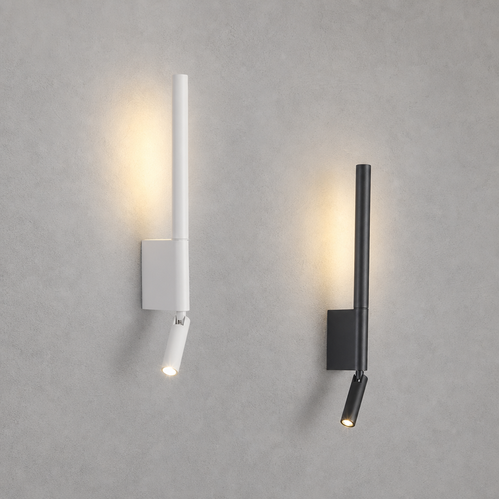 Two slim wall-mounted sconces in white and black cast warm light on a gray textured wall.