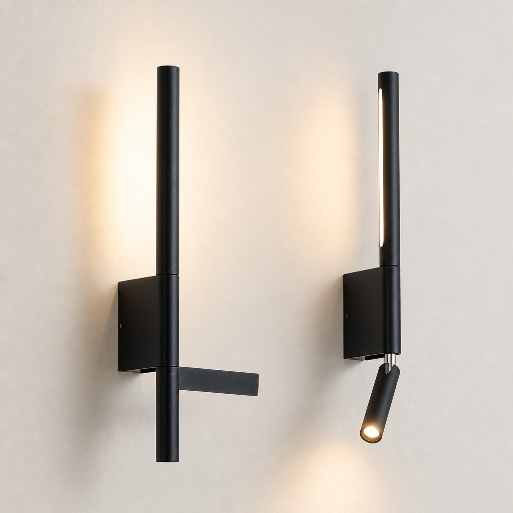 Black adjustable wall lamp with cylindrical head and rectangular wall mount on a light wall.