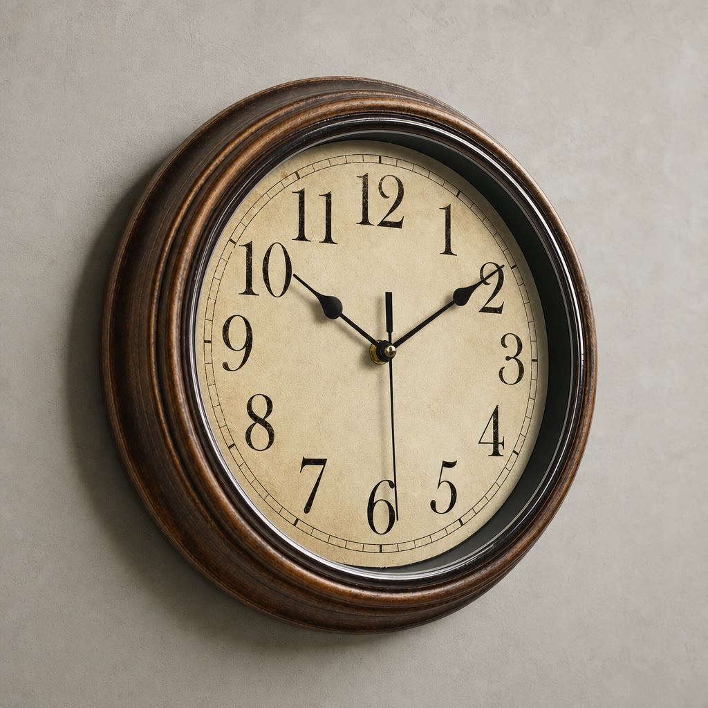 Vintage round wall clock with a brown wooden frame and cream numbered face.