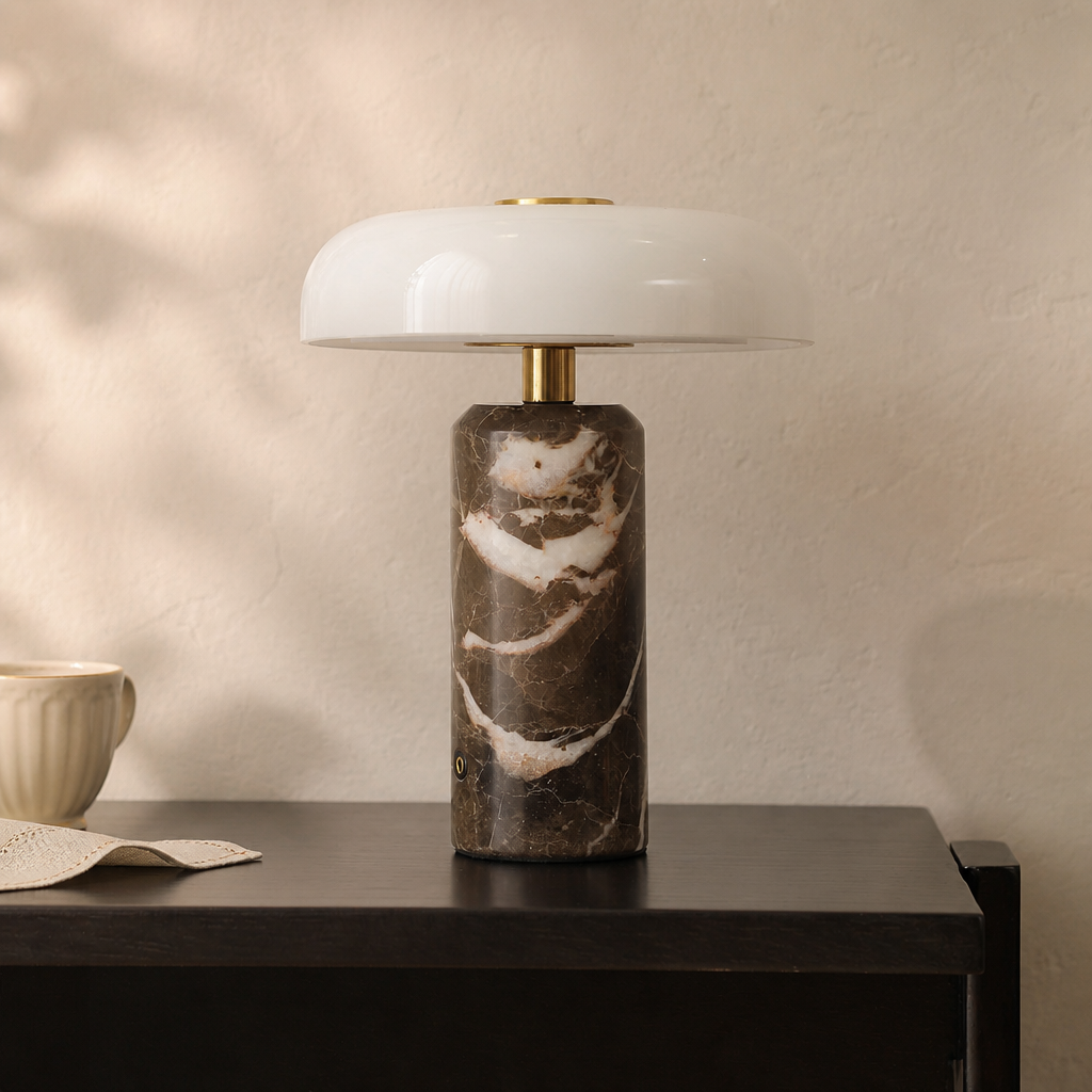 Marble table lamp with a white dome shade and brass accents on a dark bedside table.
