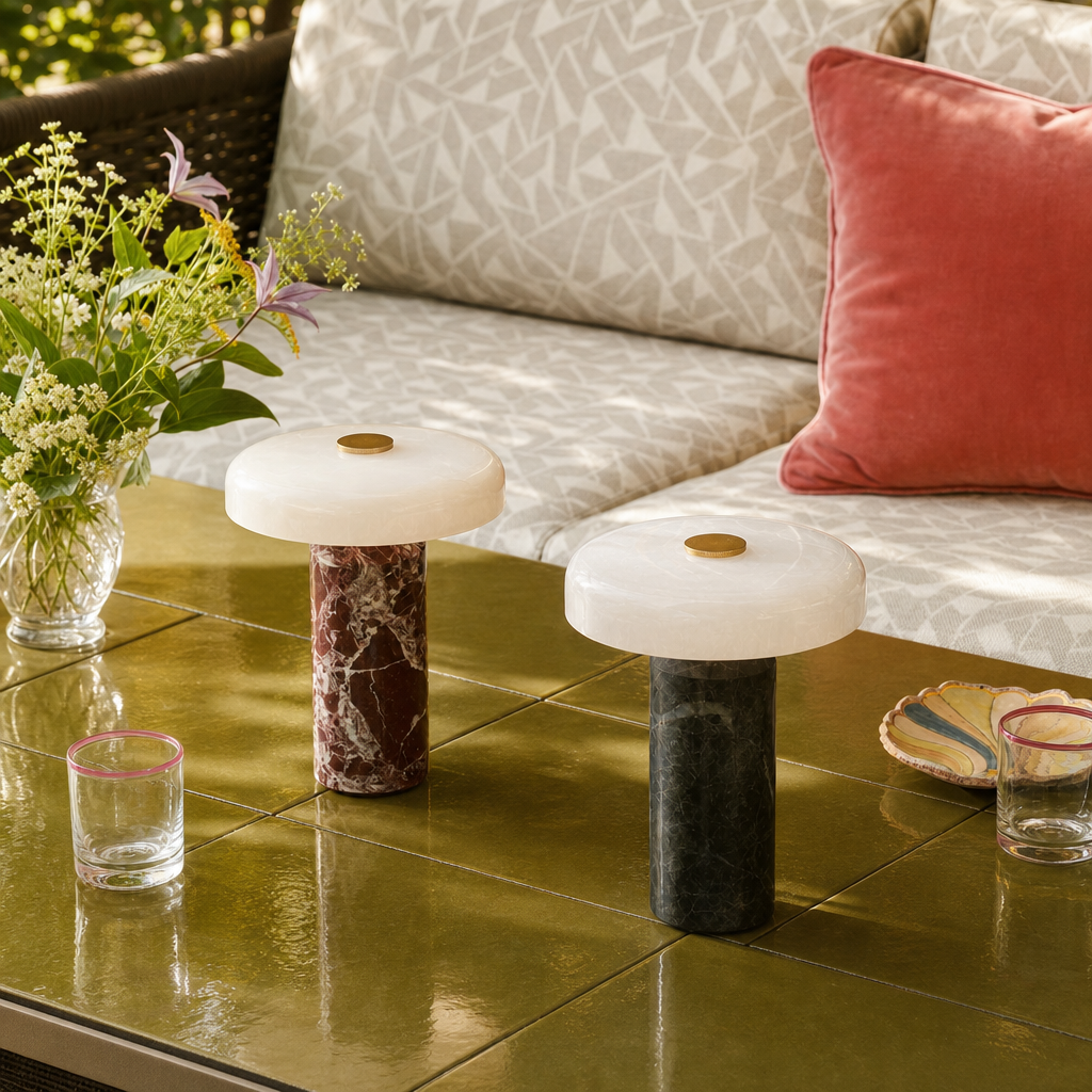 Two marble-base lamps with translucent round shades on a glossy green tiled table.