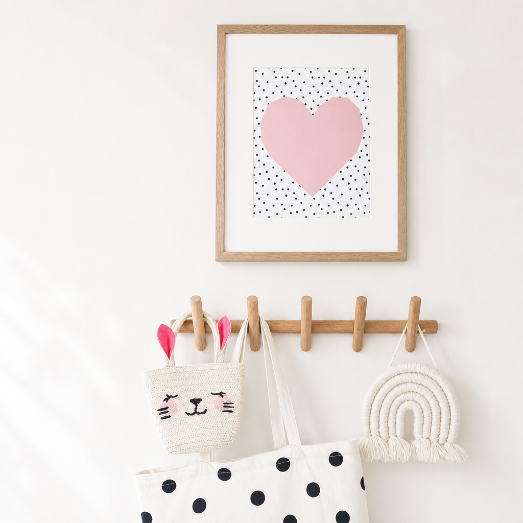 Wooden wall rack with framed pink heart print, bags, and woven rainbow decor on a white wall.