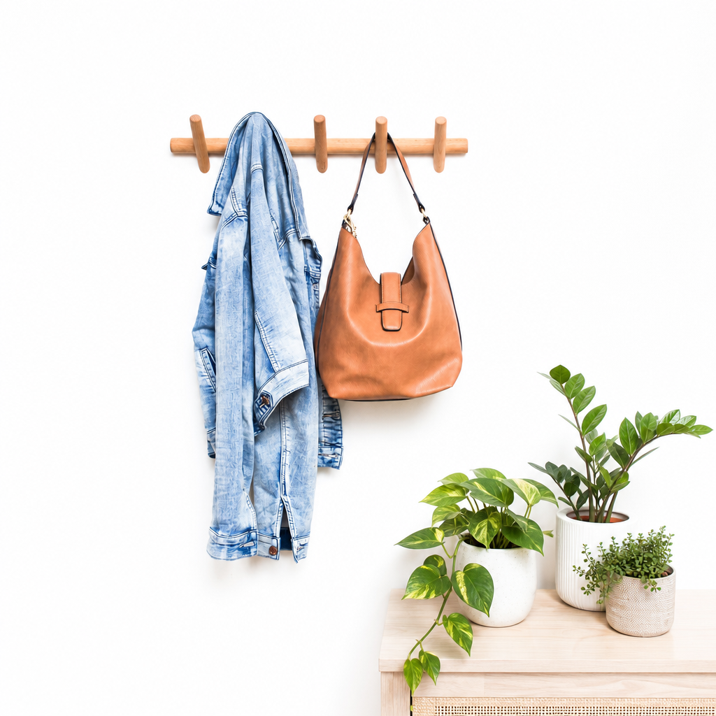 Wooden wall coat rack holding a denim jacket and tan leather shoulder bag.
