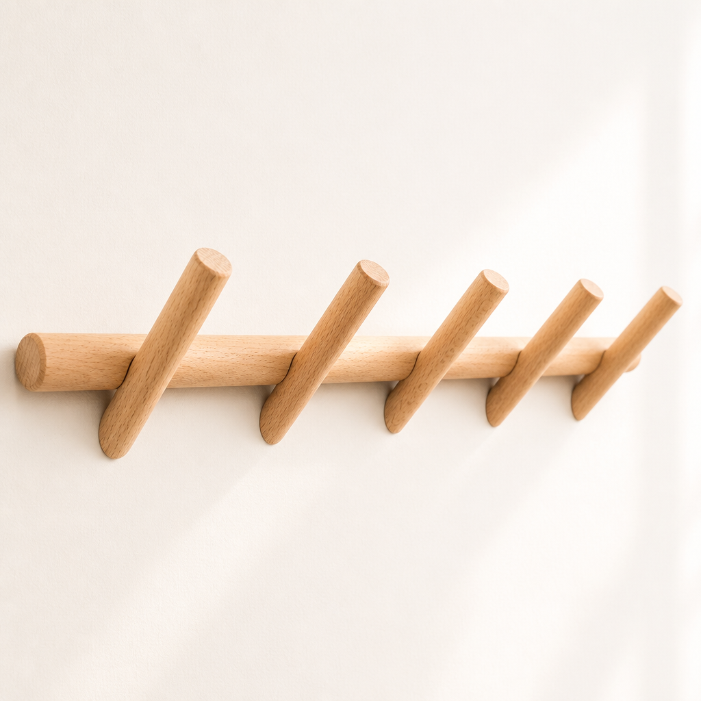 Light wood wall rack with five angled round pegs on a clean white background.