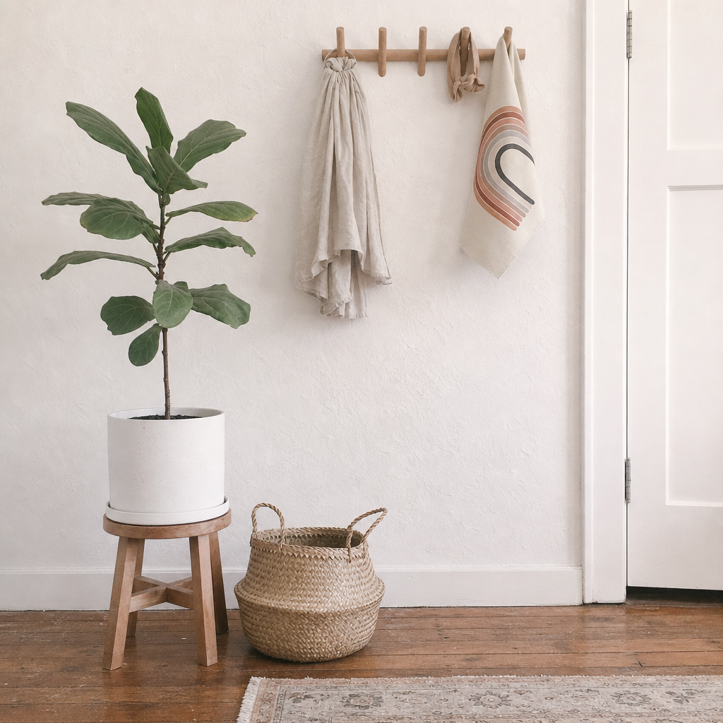 Fiddle leaf fig in a white planter beside a woven basket and wall hooks with hanging fabrics.