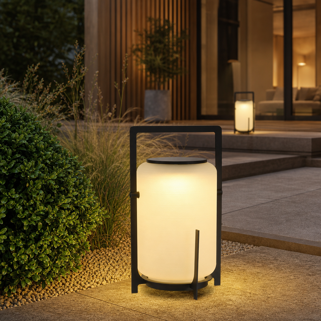 Glowing black framed outdoor lantern on a modern garden patio surrounded by plants.