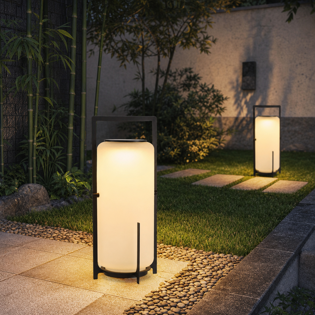 Glowing cylindrical outdoor lantern with black frame beside grass and garden path.