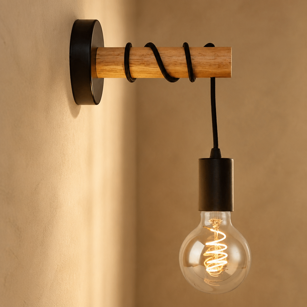 Wooden wall-mounted lamp with black cord and glowing Edison bulb.