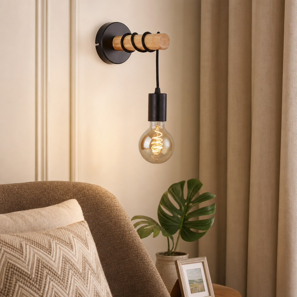 Wall-mounted wooden and black metal lamp with exposed glowing bulb above a sofa.