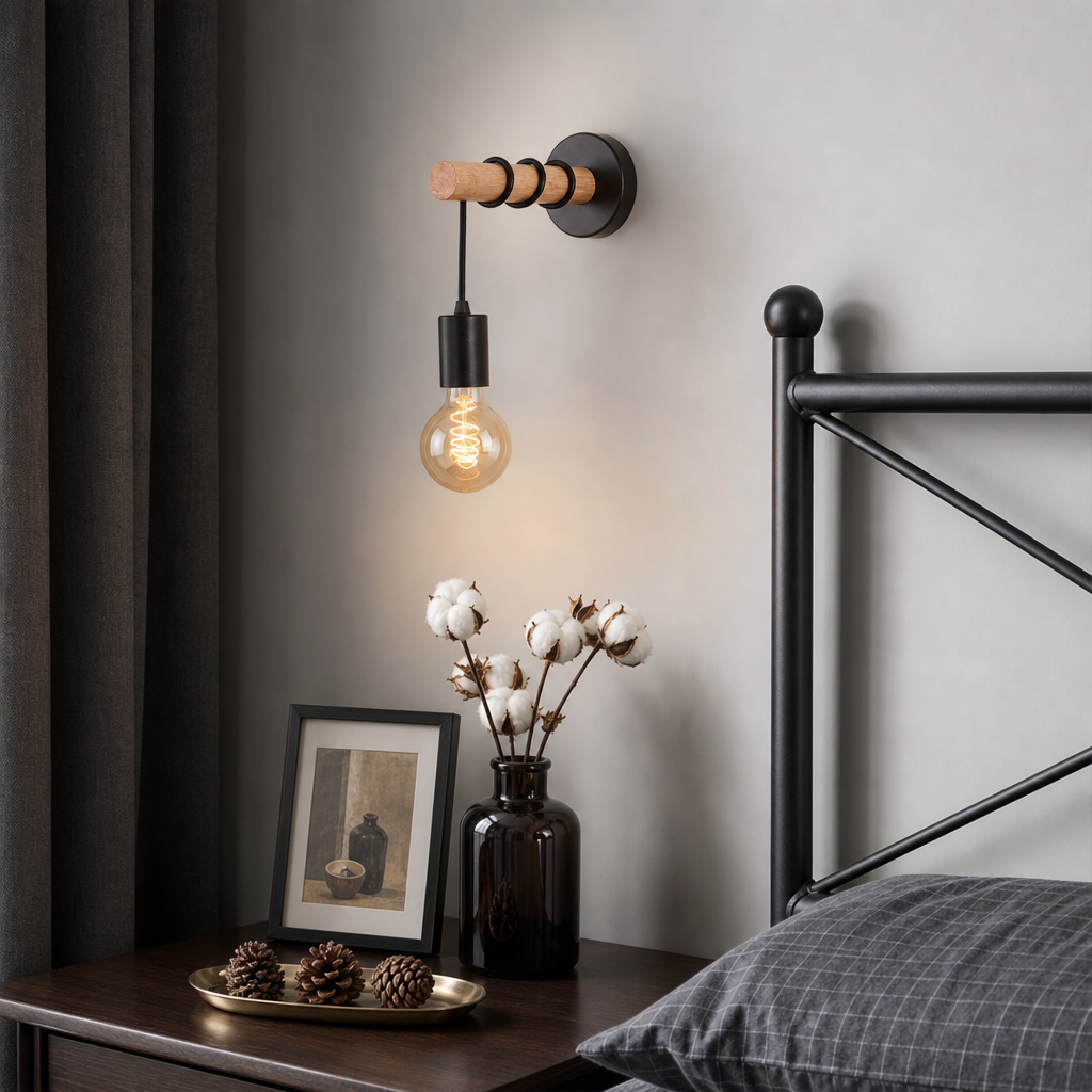 Wooden wall sconce with a hanging bulb above a bedside table in a gray bedroom.