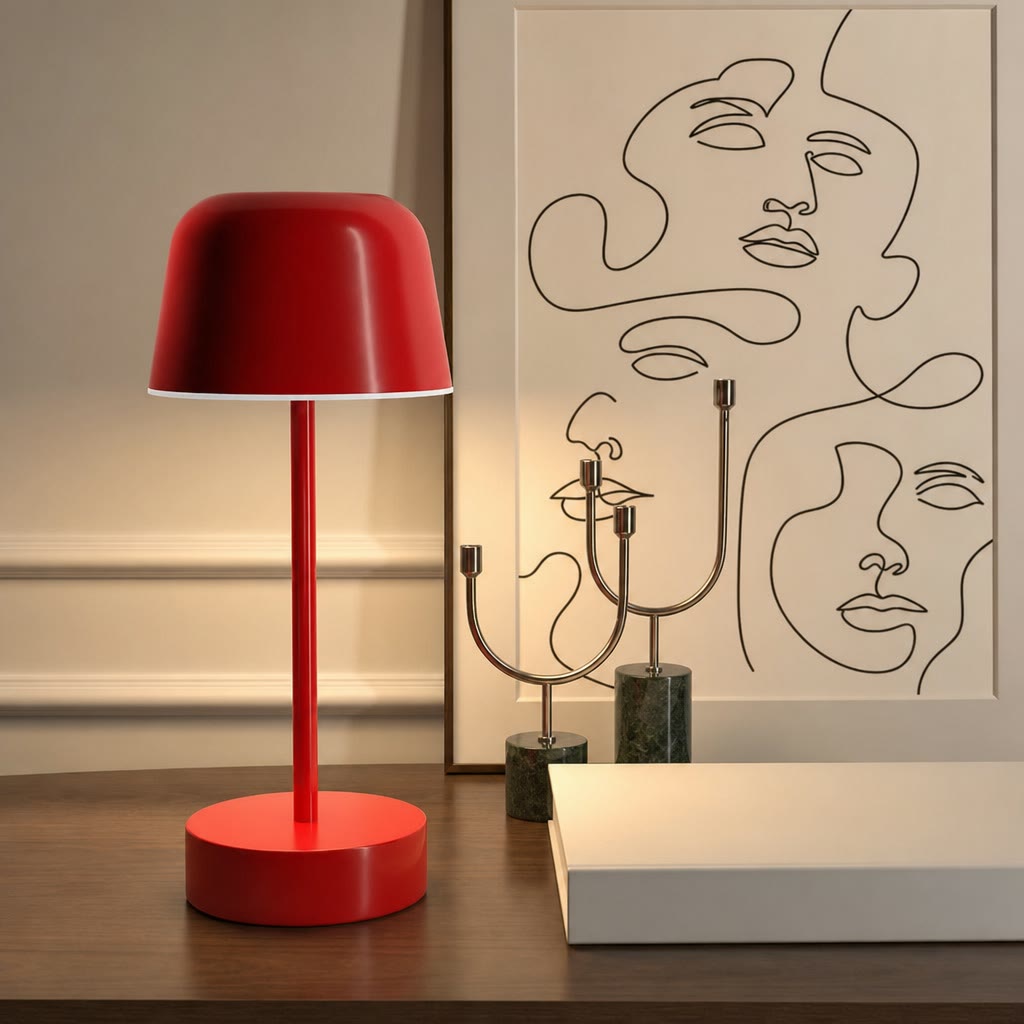 Red mushroom table lamp on a wooden console beside modern line-art decor.