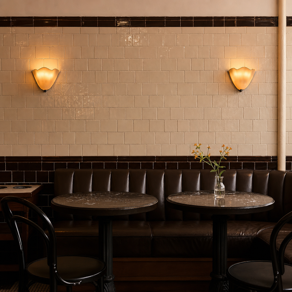 Cozy café booth with dark leather seating, round tables, tiled wall, and warm sconces.