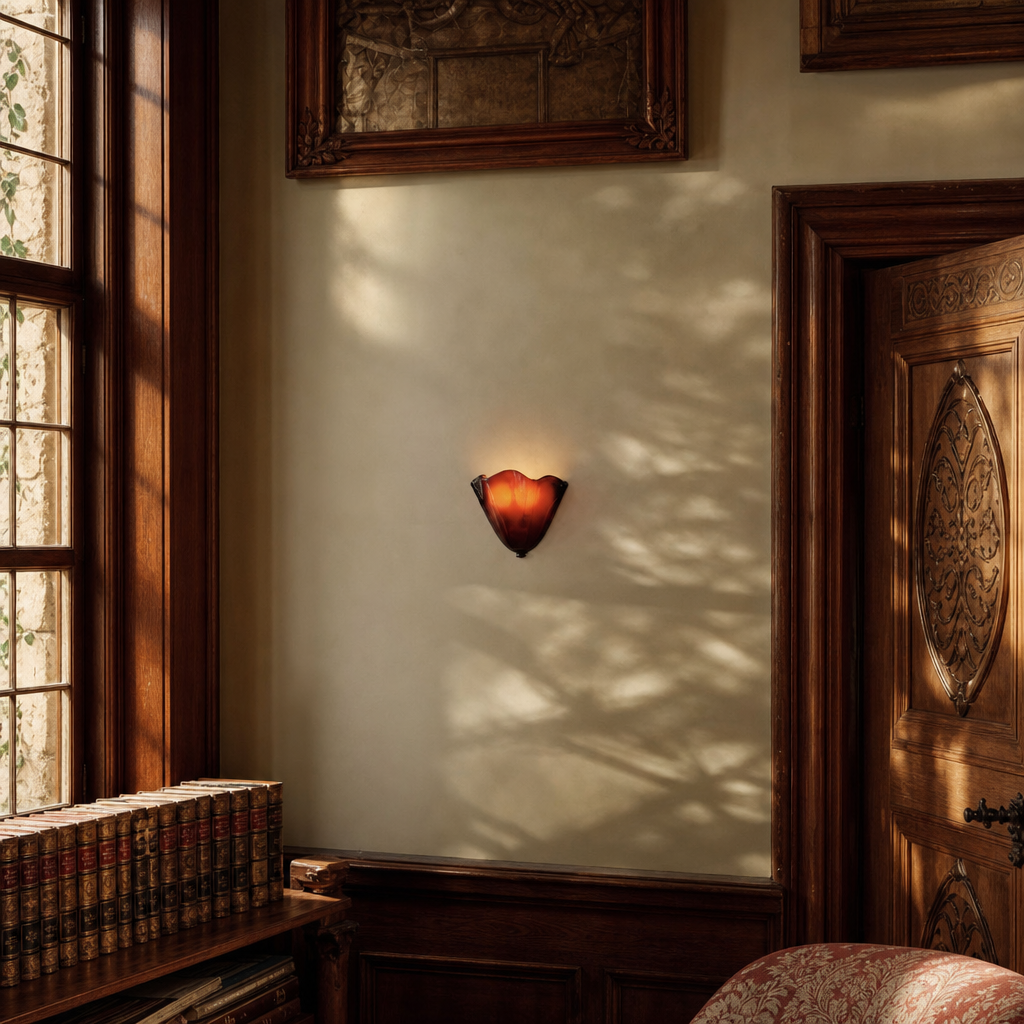 Amber tulip-shaped wall sconce glowing on a pale green wall in a warm vintage room.